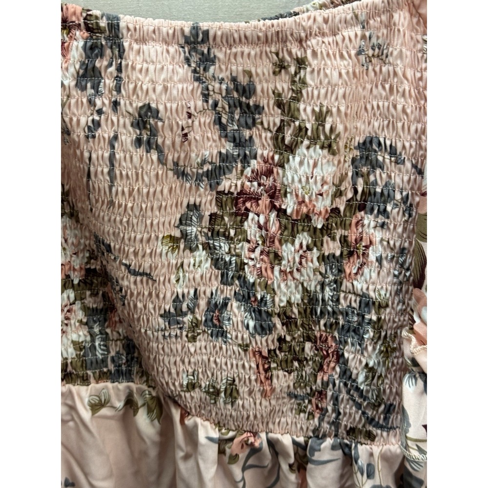 Pink Floral Cottagecore Midi Dress Smocked Bodice Puff Sleeve Tiered Romantic - Picture 4 of 8